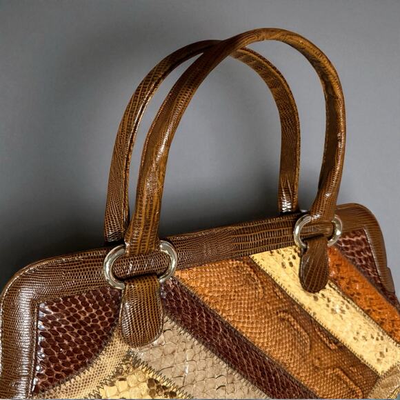 Supreme Vintage Patchwork Snakeskin Leather Handbag Brown Tan Top Handle Purse - Picture 4 of 12